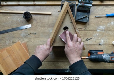 Build Birdhouse, Wood, Screws And Tools Lying On The Bench