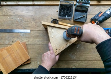 Build Birdhouse, Wood, Screws And Tools Lying On The Bench