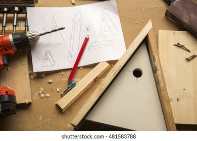 Build Birdhouse, Wood, Screws And Tools Lying On The Bench