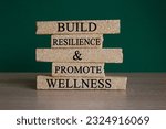 Build Resilience and Promote Wellness symbol. Brick blocks with words Build Resilience and Promote Wellness. Beautiful green background. Build Resilience and Promote Wellness. Copy space