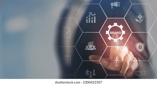 Build a strong brand, Brand concept. Distinctive identity represents a company’s values and ideas through well designed logos, catchy slogans, unique products, or excellent services.Branding banner. 