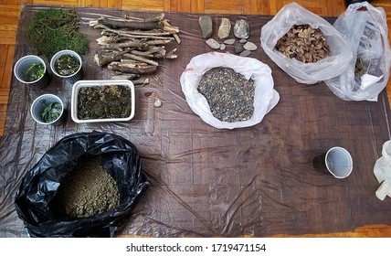 Build a terrarium - necessary supplies. Sticks, moss, dirt, gravel, stones,... In plastic bags and cups. DIY supplies. - Powered by Shutterstock