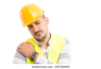 Builder Or Construction Worker Suffering Shoulder Pain Problem As Work Injury And Health Insurance Concept