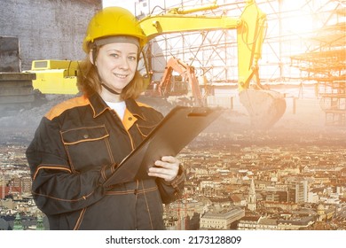 Builder engineer at a construction site, occupational safety, inspector, foreman, urban planning, double exposure