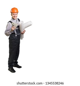 Builder engineer with documents in hand, shows how much he earned money. isolated