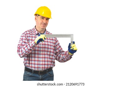 Builder In Hard Hat Man Tool Right Angle. Construction Worker Handyman On  Isolated Background