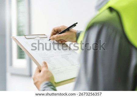 Builder inspection consultancy. Inspector checking material and structure in construction.