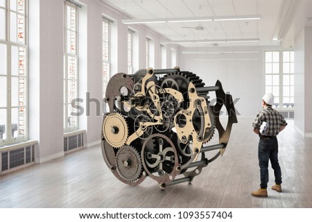 Builder man and clockwork. Mixed media