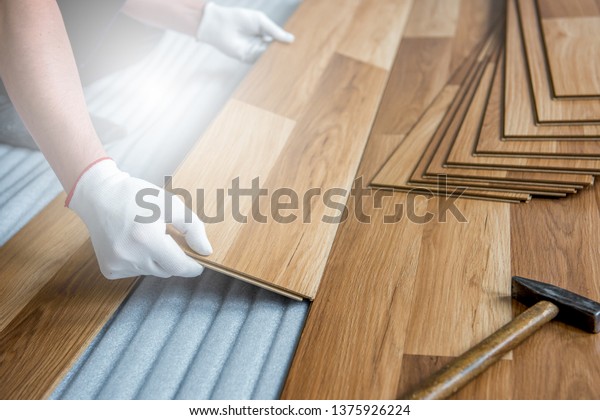 Builder Man Engaged Laying Laminate Wood Royalty Free Stock Image