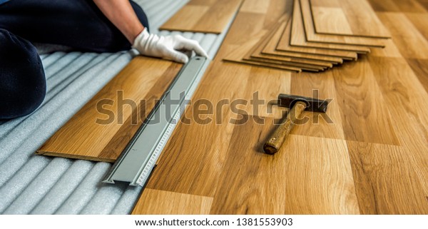 Builder Man Engaged Laying Laminate Wood Stock Photo Edit Now