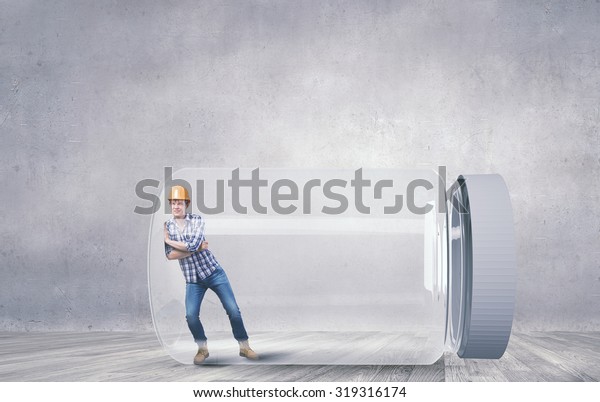 Builder Man Trapped Glass Jar Trying Stock Photo Edit Now 319316174