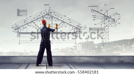 Builder man using media interface . Mixed media