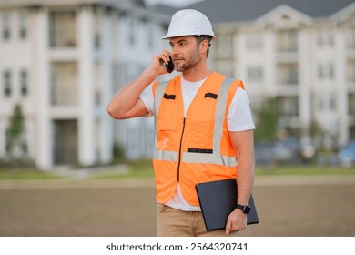 Builder using phone. Portrait of builder in a construction site. Builder ready to build new house. Construction builder wear building uniform and helmet.