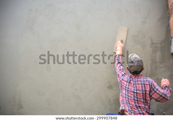 Builder Worker Plastering Concrete Wall Stock Photo (Edit Now) 299907848