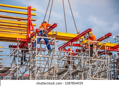 Builders Mount Formwork On The Construction Of The Bridge