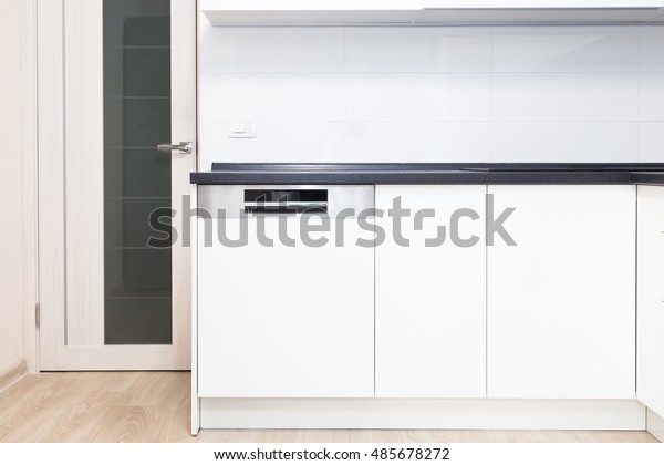 Buildin Dishwasher White Kitchen Black Counter Interiors Stock Image