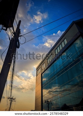 Image, Stock Photo divided evening sky with wind farm