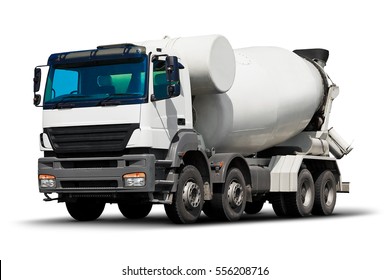 Building And Construction Industry, Shipping Transportation, Roadworks And Cargo Freight Transport Industrial Business Commercial Concept: Heavy Concrete Cement Mixer Truck Vehicle Isolated On White