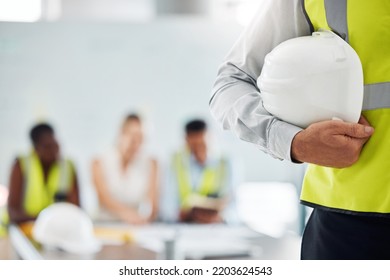 Building, Construction And Maintenance Man Employee Holding A Safety Helmet. Construction Worker Ready To Start Working With Contractor, Handyman And Builder People Team On A Job Break With Mockup