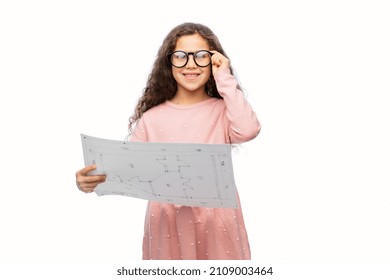 building, construction and profession concept - smiling little girl in glasses with blueprint over white background