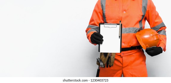 Building Contract. Fix List. To Do List. Builder Worker Is Holding A Blank Document And A Hard Hat In His Hands On White Background. Building Agreement Mockup. Measure Results Or Construction Bill.