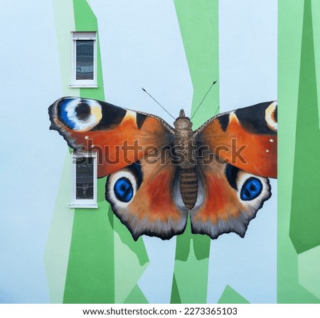 building detail of a modern apartment block, artistic designed with a pattern of polygonal shapes symbolizing abstracted floral elements and a painted peacock butterfly, Langen, Germany