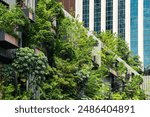 Building facade with green plants growth on the wall. Vertical garden in Kuala Lumpur city, Malaysia. Eco friendly urban environment. Sustainable modern and ecological architecture