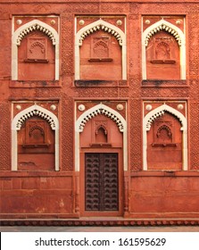 Building Fragment With Door In Red Fort Agra India