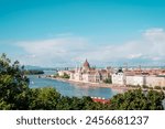 Building of Hungarian parliament and Danube river. View from Buda Castle. Budapest, Hungary.