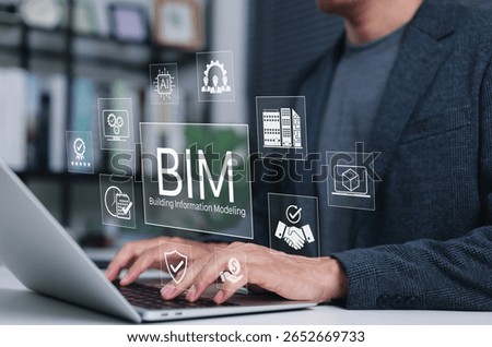 Building Information Modeling (BIM) Technology for Construction Projects. A professional working with BIM icons, tech used in construction, architecture, planning, management, increased efficiency,