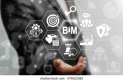 Building Information Modeling Business Industrial Development Internet Concept. A Man Holding A BIM Icon With Pencil. Build, Real Estate, Construction House, Architecture Technology