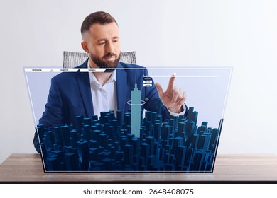 Building information modelling. Man using virtual screen in office
