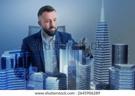 Building information modelling. Man using holographic projection of city in office