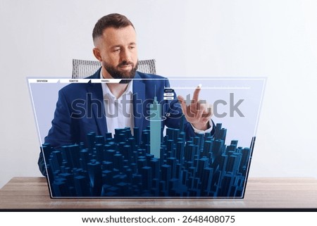 Building information modelling. Man using virtual screen in office