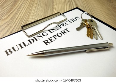 Building Inspection Report With Pen And Keys, Real Estate Concept