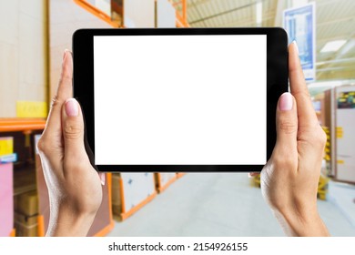 Building Inventory Management Concept. Man Using Digital Tablet, Showing Warehouse Software Management Dashboard On Warehouse