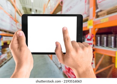 Building Inventory Management Concept. Man Using Digital Tablet, Showing Warehouse Software Management Dashboard On Warehouse