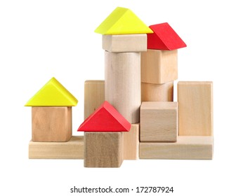 Building made of wooden blocks toy. Isolated with path on white.