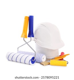 Building material, hardhat and different construction tools isolated on white