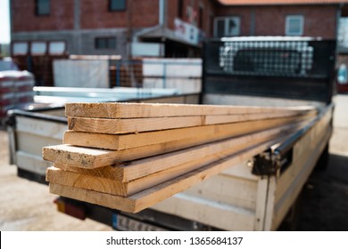 Building Material Planks In The Truck Loading Ready To Delivery To The Construction Site