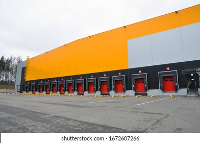 The building of a modern logistics center. Front view of loading docks. Industry