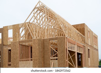 Building Of New Home Construction Exterior Wood Beam Construction Roof