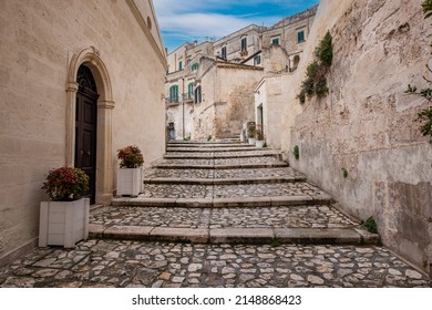 Building in the old town of Matera, Basilicata, Southern Italy with  blue sky and white clouds(Sassi di Matera)