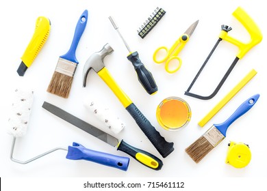 Building, Painting And Repair Tools For House Constructor Work Place Set White Background Top View Pattern