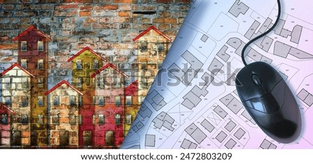 Building permit concept with cityscape and imaginary cadastre and General Urban Plan. 