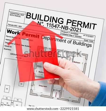 Building Permit concept with imaginary building approvation and residential home icon
