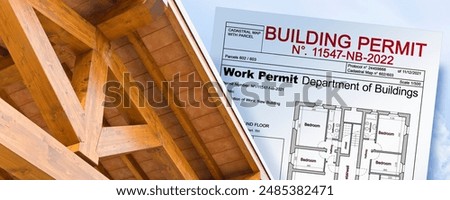 Building Permit concept with imaginary approved residential building project and new wooden truss structure