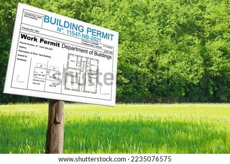 Building Permit concept  with imaginary with residential building project in a rural scene with placard