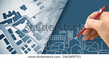 Building permit concept through an imaginary cadastral map and urban development plans - Building activity and construction industry concept with cityscape.