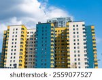 Building perspective view. Condominium architecture. Architecture building. Residential condominium. Modern condominium building. Architectural building in residential area. Rent apartment